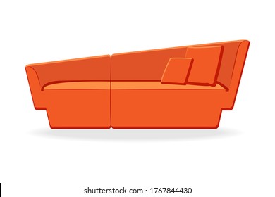 Elegant couch. Isolated comfortable orange couch seat icon. Elegant style living room sofa with cushions front view. Vector interior soft furniture design, stylish home or lounge decoration, comfort