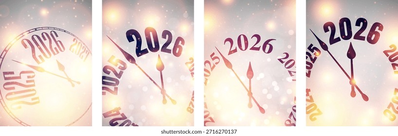 Elegantes relojes de cuenta atrás que brillan con luces bokeh festivas, que simbolizan la llegada de 2026. Ilustración vectorial estacional perfecta.