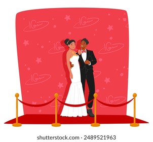 Elegant Couple Characters Posing Together On A Red Carpet, Dressed In Formal Attire With A Star-filled Backdrop. Cartoon People Vector Illustration Of Glamour, Fashion, And High-profile Events