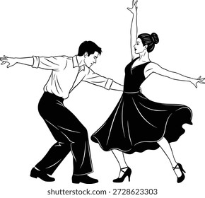 Elegantes Paar tanzt in schwarz und weiß, Vintage Ballsaal Stil, anmutige Bewegung, Swing Pose, klassische Mode, Retro-Illustration, Vektorgrafik Silhouette Kunst.