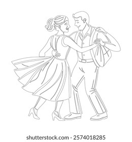 Elegant Couple Dancing Illustration with Woman in Flowing Dress - Romantic Artwork