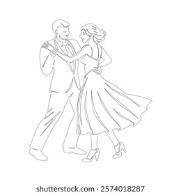 Elegant Couple Dancing Illustration with Woman in Flowing Dress - Romantic Artwork