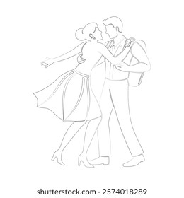 Elegant Couple Dancing Illustration with Woman in Flowing Dress - Romantic Artwork