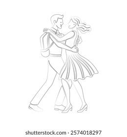 Elegant Couple Dancing Illustration with Woman in Flowing Dress - Romantic Artwork