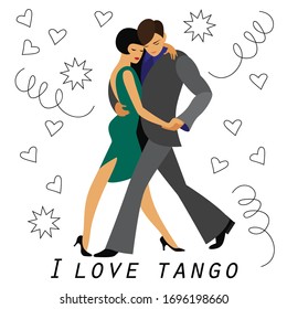 an elegant couple dancing the tango. a man and a woman in cartoon style isolated on a white background. the inscription I love tango. stock vector illustration. EPS 10.