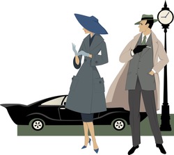 Elegant Couple Dressed In 1950s Fashion, A Classic Car And A Clock Behind Them, Vector Illustration, No Transparencies, ESP 8