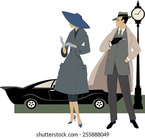 Elegant couple dressed in 1950s fashion, a classic car and a clock behind them, vector illustration, no transparencies, ESP 8