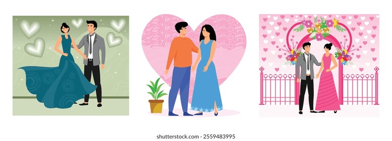 Elegant Couple in Formal Attire. Happy Couple Posing Together. Floral Archway with Pink Decorative Background. Set flat vector modern illustration 