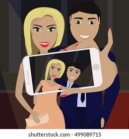 Elegant couple in formal dress on the red carpet in the spotlight. Girl makes selfie.Vector illustration