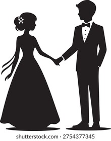 Elegant couple holding hands in formal wedding attire illustration Vector, illustration