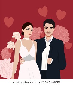 Elegant couple illustration in wedding attire with roses and hearts in the background. Perfect for wedding-themed designs, Valentine's Day, or romantic celebrations.
