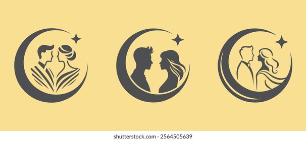 Elegant Couple Silhouettes with Crescent Moon and Star Design - Valentine's Day theme