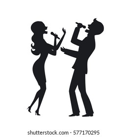 Elegant Couple Singing Karaoke On Stage Silhouette Vector Illustration 