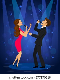 Elegant couple singing karaoke on stage in club under spot light