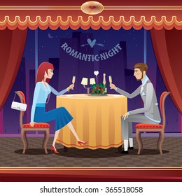 The elegant couple sitting at restaurant in the evening and drinking champagne - anniversary concept. Vector illustration