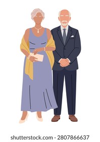 Elegant couple stands close together, smiling softly. Woman wears a flowing lavender gown with a gold shawl. Man in a formal suit, hands clasped, exudes quiet confidence