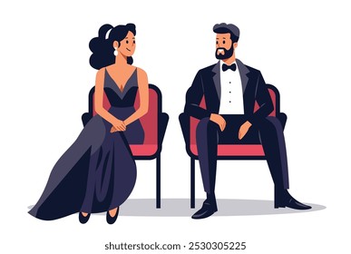 Casal elegante no evento de teatro vestido formalmente sentado em cadeiras vermelhas mulher em vestido de noite homem em smoking isolado no fundo branco