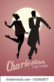 Elegant couple wearing 20's style clothes dancing charleston. Vector Illustration