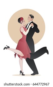 Elegant couple wearing 20's style clothes dancing charleston. Vector Illustration