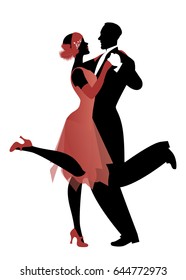 Elegant couple wearing 20's style clothes dancing charleston. Vector Illustration