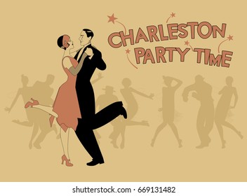 Elegant couple wearing 20's style clothes dancing charleston. Group of dancers in the background. Aged style poster.