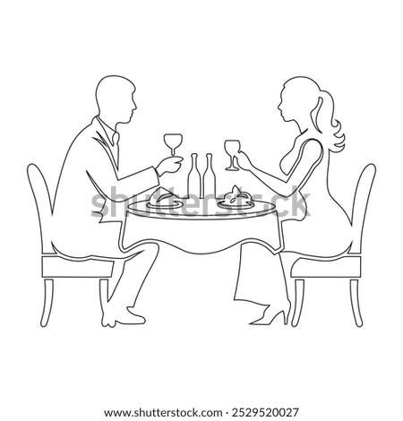 Elegant Couples Dining Out Line Art Illustration on White Background - Romantic Restaurant Scene