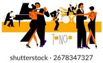Elegant couples of ladies and gentlemen dancing tango to live music. Dance party and musicians performance drawn in flat geometric style. Stock vector illustration. EPS 10.