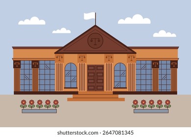 Elegant courthouse building with classical columns and large windows, captured in a clean and minimalist style. 