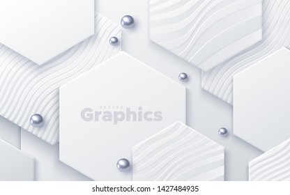 Elegant cover design. Minimal composition with geometric shapes. Vector 3d illustration. White hexagons textured with wavy patterns and silver beads. Abstract background. Layered paper decoration