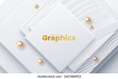 Elegant cover design. Minimal composition with geometric shapes. Vector 3d illustration. White squares textured with wavy patterns and golden beads. Abstract background. Layered paper decoration