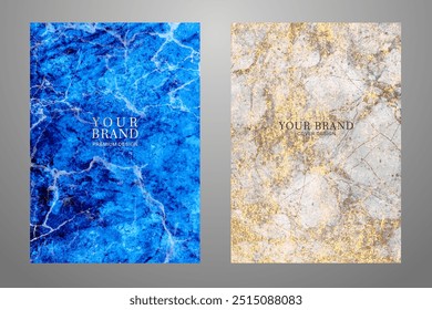 Elegant cover design set with gold, white and blue marble luxury texture for cover design, invitation, flyer, note book, wedding card, menu design. Premium vector art background.