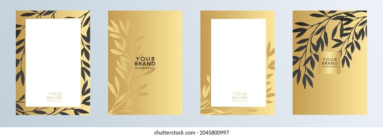 Elegant cover design set with golden leaf abstract tree branch print on background. Holiday black and gold exotic pattern for wedding card, luxury menu, poster, flyer. Isolated vector illustration.