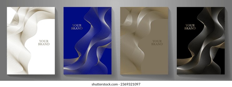 Elegante juego de diseño de portada. Colección de fondo de oro de lujo, azul, blanco, negro vectorial con líneas para diseño de portada, invitación, afiche, volante, tarjeta de boda, invitación de lujo, volante a4, libro de notas.