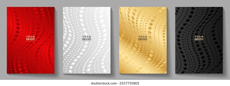 Elegant cover design set with stars. Modern luxury vector art background. Premium gold, black, white, red fashionable template for cover design, invitation, flyer, wedding card, note book, menu design