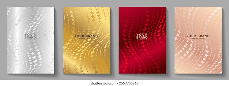 Elegant cover design set with stars. Modern luxury vector art background. Premium gold, black, white, red fashionable template for cover design, invitation, flyer, wedding card, note book, menu design