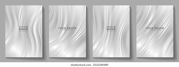 Elegant cover design set with wavy silver modern luxury vector art background. Christmas premium fashionable template for cover design, invitation, flyer, wedding card, note book, menu design.