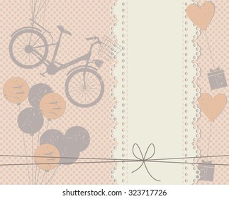 Elegant cover with lace frame, balloons, gifts and hearts. Stylish frame can be used for wedding invitation, Valentine's greeting card, baby shower card and more designs.