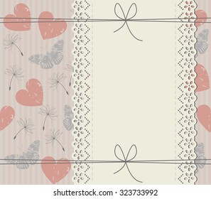 Elegant cover with lace frame, dandelions, butterflies and hearts. Vector template can be used for wedding invitation,  baby shower, birthday greeting card and more designs.