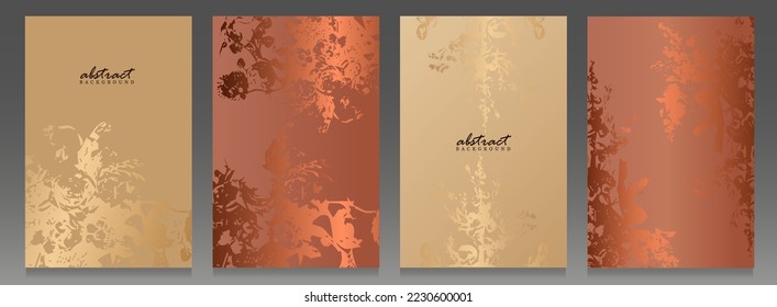 Elegant cover set, colour beige and copper. Floral motif, fashionable abstract design, painting style. Modern design, shiny and metallic effect. Template for luxury invitations, weddings, beaut