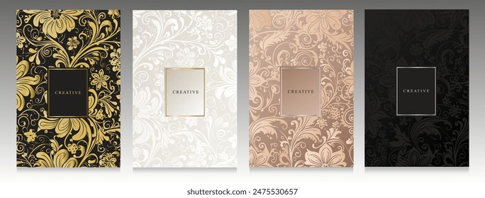 Elegante conjunto de cubierta. Diseño de patrón floral: fondo dorado, platino, rosa y negro. Flores brillantes y textura de hojas para el concepto botánico, invitación, embalaje y cubierta del folleto. 