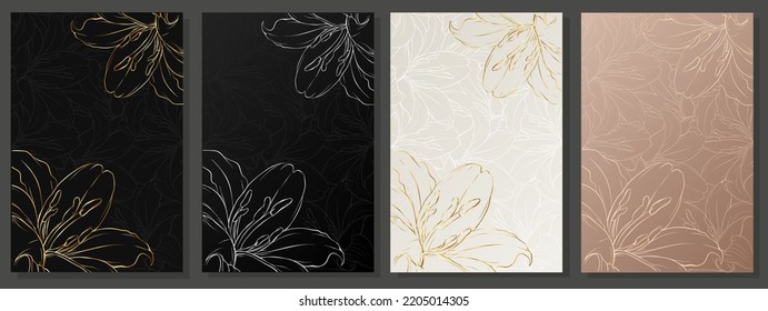 Elegant cover set with lily. Floral pattern, gold and silver flower motif on black, platinum and delicate pink background. Vector pattern for weddings, luxury events, invitation, fashion and beauty