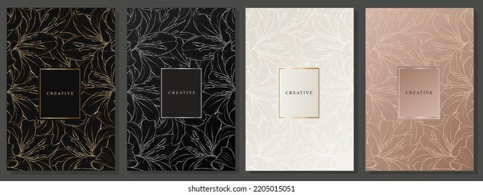 Elegant cover set with lily. Floral pattern, gold and silver flower motif on black, platinum and delicate pink background. Vector pattern for weddings, luxury events, invitation, fashion and beauty