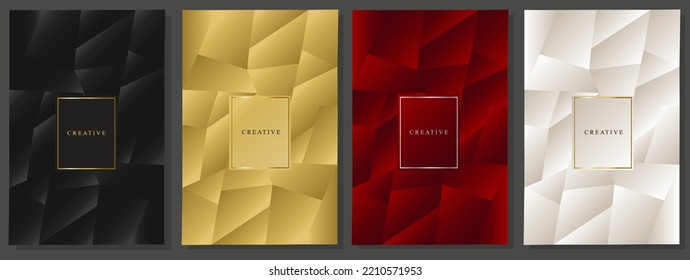 Elegant cover set, metal polygons. Abstract geometric pattern: black, gold, red and platinum white.