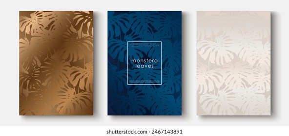 Elegant covers,  frame design set. Fashionable minimal abstract art pattern with monstera leaves. Luxury artistic vector for beauty catalog, fashion template, wedding