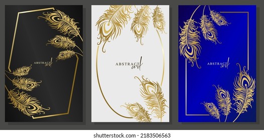 Elegant covers set with golden peacock feathers. Gold silhouette feathers on black, white and blue background. Luxurious ornament on the frame.