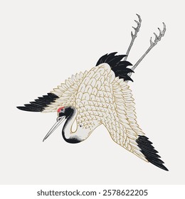 Elegant crane illustration with intricate feathers. Crane in flight, showcasing detailed wings. Crane art with black and white feathers, graceful and dynamic. Vintage bird illustration vector.