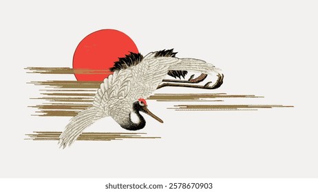 Elegant crane illustration with a red sun. The crane, a symbol of grace, flies with wings spread. Red sun and crane create a harmonious, traditional scene. Vintage bird illustration vector.