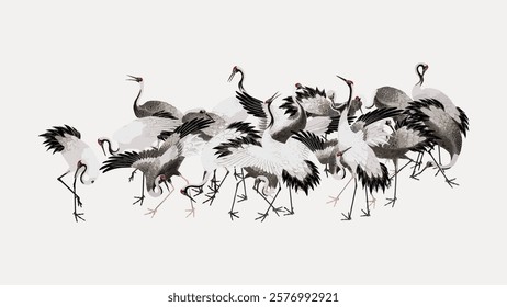 Elegant cranes gather in a harmonious group. Cranes with black and white feathers. Cranes in motion, showcasing grace and beauty. Cranes in a serene setting. Vintage art, isolated vector element.