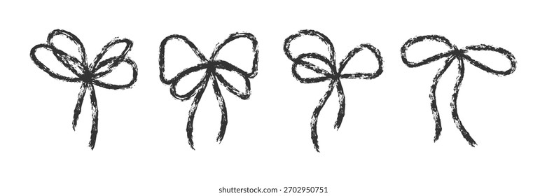 Elegante conjunto de arco de contorno de crayón. Lindo bosquejo de lazos aislados. Lápiz tiza doodle textura regalo arcos. Iconos de cinta hechos a mano caprichosos. Ideal para la celebración de la fiesta de la ducha del bebé de scrapbooking de etiqueta de regalo 