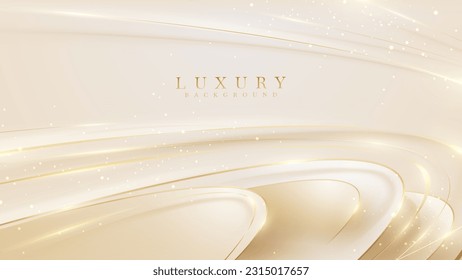 Elegant cream color shape overlap gold ribbon elements and light effects decorations and bokeh. Luxury style background.